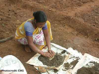 Tribal women powdering goat manure