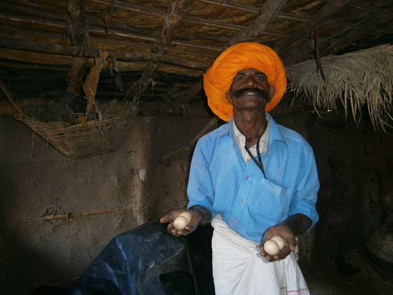 Baddi’s husband Badar displaying eggs laid by the desi poultry  bird 
